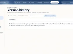 Musael version history view for a scene, with snapshot saving and text comparison controls.
