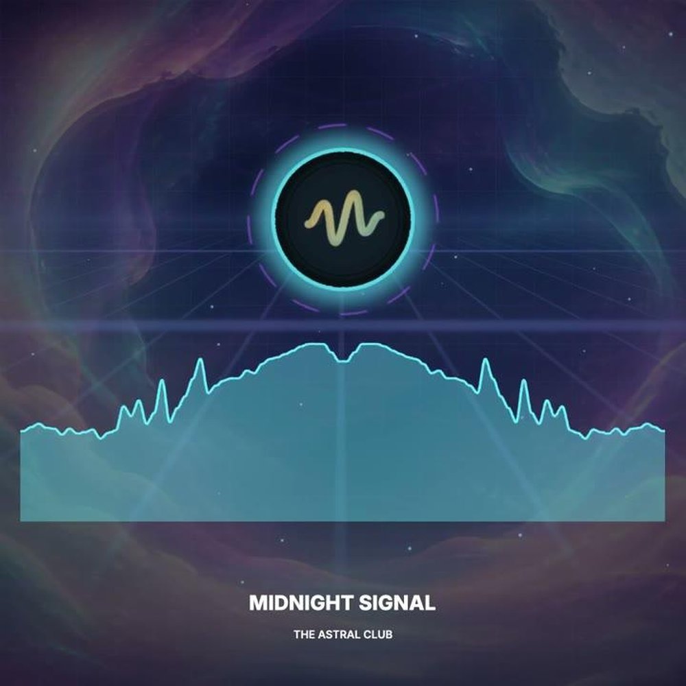 Square cosmic visualizer with a cyan circular waveform emblem above a turquoise audio graph, labeled “MIDNIGHT SIGNAL” and “THE ASTRAL CLUB.”