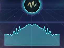 Vertical cosmic visualizer with a cyan circular waveform emblem above a wide turquoise audio graph and track title text.