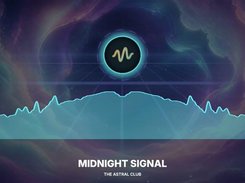 Wide cosmic visualizer with a central cyan circular waveform emblem above a turquoise audio waveform graph and track title text.