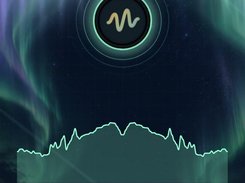 Vertical aurora-themed visualizer with a central circular waveform emblem above a turquoise audio graph and track title text.