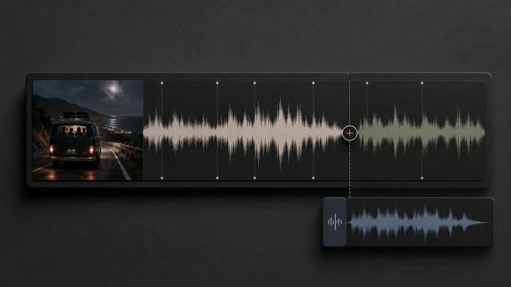 A long audio waveform timeline includes a selected segment and a smaller extracted waveform clip below it.