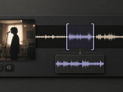 A waveform timeline with a highlighted section points to a shorter waveform clip, beside trim and loop-style controls.