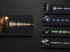 A singer recording card with a waveform branches to four smaller cards for microphone, pad controller, speaker, and keyboard audio tracks.