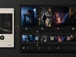 A media card points to a video-editing layout with four clips above a filmstrip timeline and playback controls.