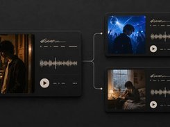 A large audio card with a waveform branches to two smaller waveform cards containing different scene thumbnails.
