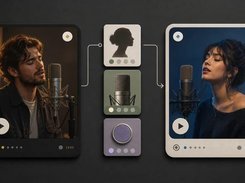 Two singer media cards are connected through smaller cards showing a profile silhouette, microphone, and circular audio control.