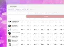 My Real Profit's Profit Calculator displays a product table with sale prices, FBA fees, referral fees, cost of goods, storage fees, refund rates, and marketing percentages.