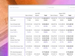 A My Real Profit report table compares new-to-brand, repeat, and total sales, units sold, costs, fees, and gross profit for July and August 2025.