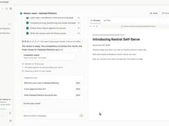 Light-themed Sightline Research workspace showing a completed weekly report for Halstead Robotics, task status, suggested next steps, and a live browser panel with a sample blog post.