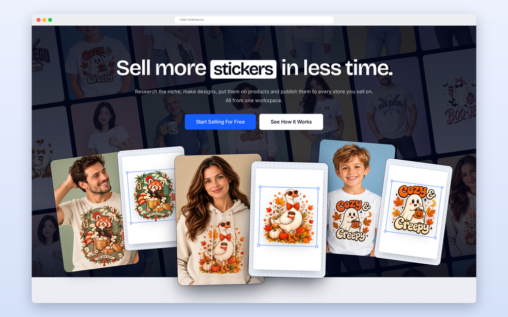 MyDesigns homepage: print-on-demand workflow for stickers and apparel
