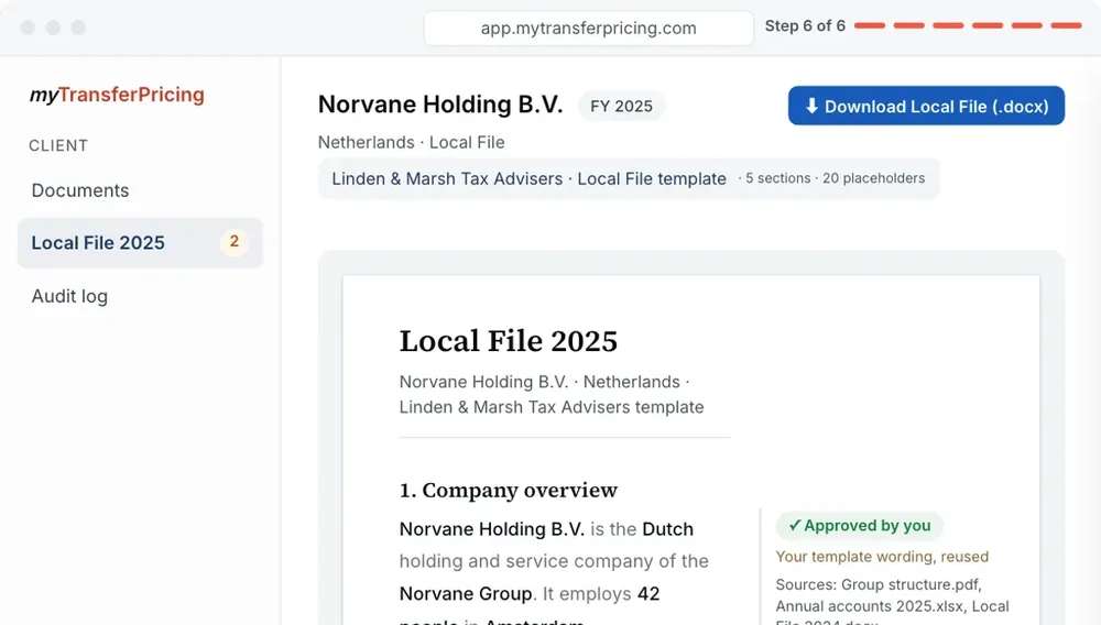 myTransferPricing web app showing a Local File 2025 document for Norvane Holding B.V., with sidebar navigation, document preview, approval status, and a button to download a local file as a .docx document.