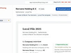 myTransferPricing web app showing a Local File 2025 document for Norvane Holding B.V., with sidebar navigation, document preview, approval status, and a button to download a local file as a .docx document.