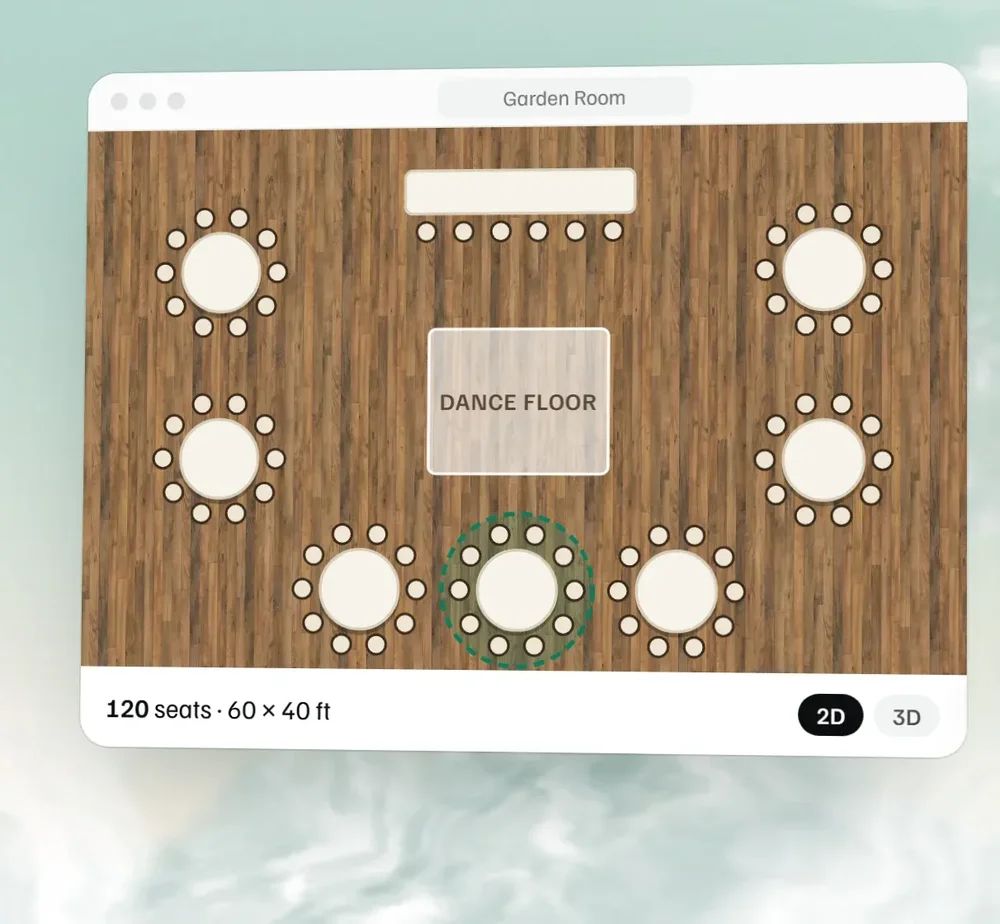 A Garden Room floor-plan interface with round tables, a head table, dance floor, seating count, and 2D/3D controls.