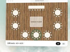 A Garden Room floor-plan interface with round tables, a head table, dance floor, seating count, and 2D/3D controls.