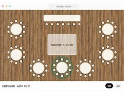 A Garden Room 2D floor-plan editor showing round tables, a head table, a dance floor, and seating capacity controls.
