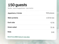 A catering food calculator showing quantities for appetizers, proteins, sides, salad, and rolls for 150 guests.