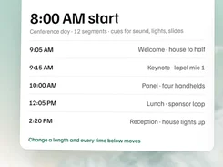 A run-of-show template listing a conference-day start time and scheduled cues for welcome, keynote, panel, lunch, and reception.
