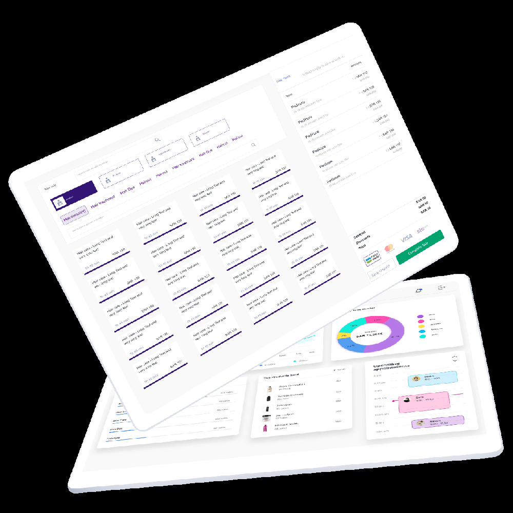 Angled point-of-sale interface with service tiles, an order list, payment-card logos, and a Complete Sale button over a dashboard with sales and appointment widgets.