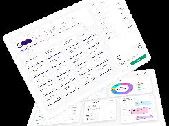 Angled point-of-sale interface with service tiles, an order list, payment-card logos, and a Complete Sale button over a dashboard with sales and appointment widgets.