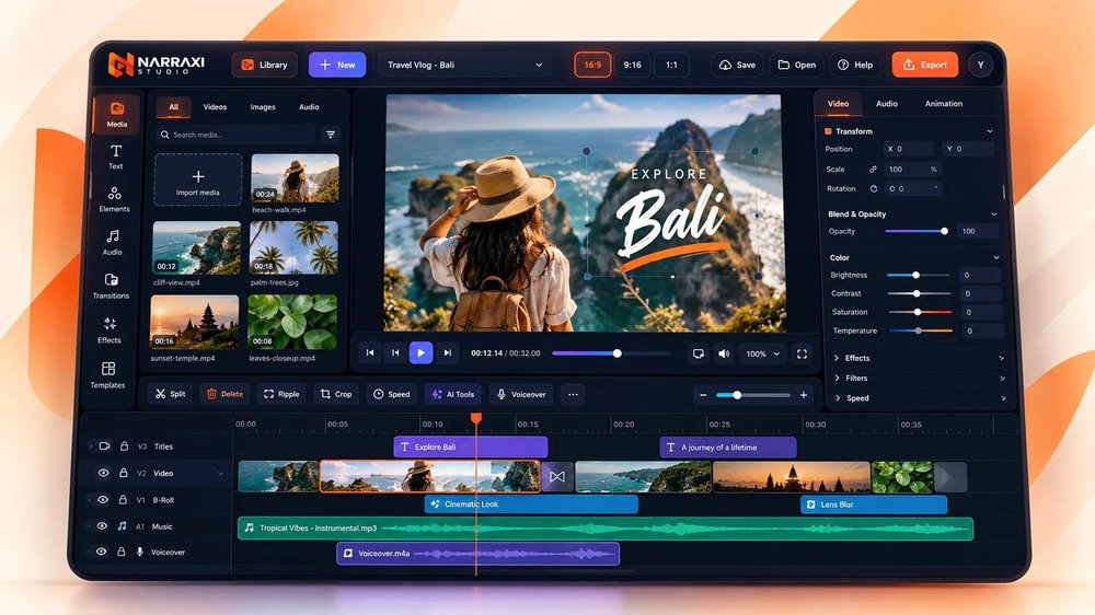 Narraxi Studio video-editing interface showing a Bali travel-vlog preview, media library, transform and color controls, playback tools, and a multitrack timeline with video, titles, music, and voiceover clips.