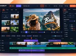 Narraxi Studio video-editing interface showing a Bali travel-vlog preview, media library, transform and color controls, playback tools, and a multitrack timeline with video, titles, music, and voiceover clips.