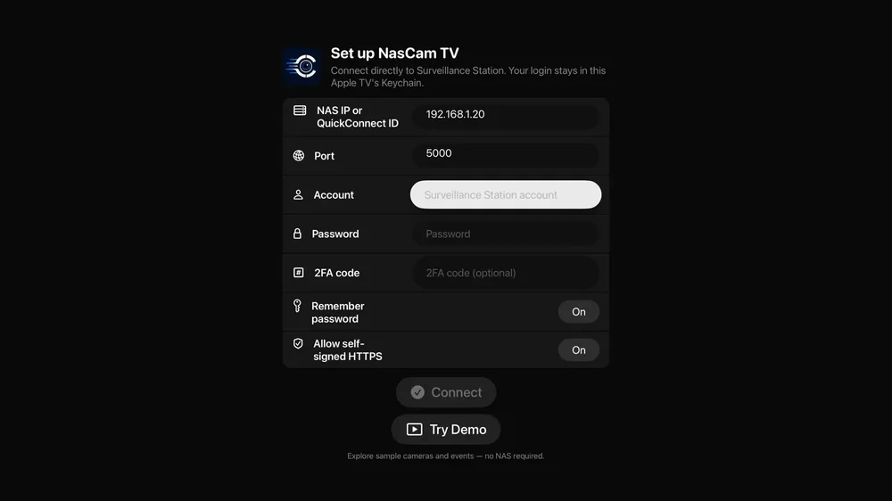 NasCam TV setup screen with fields for NAS IP or QuickConnect ID, port, account, password, optional 2FA code, and connection settings.