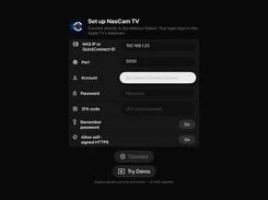 NasCam TV setup screen with fields for NAS IP or QuickConnect ID, port, account, password, optional 2FA code, and connection settings.
