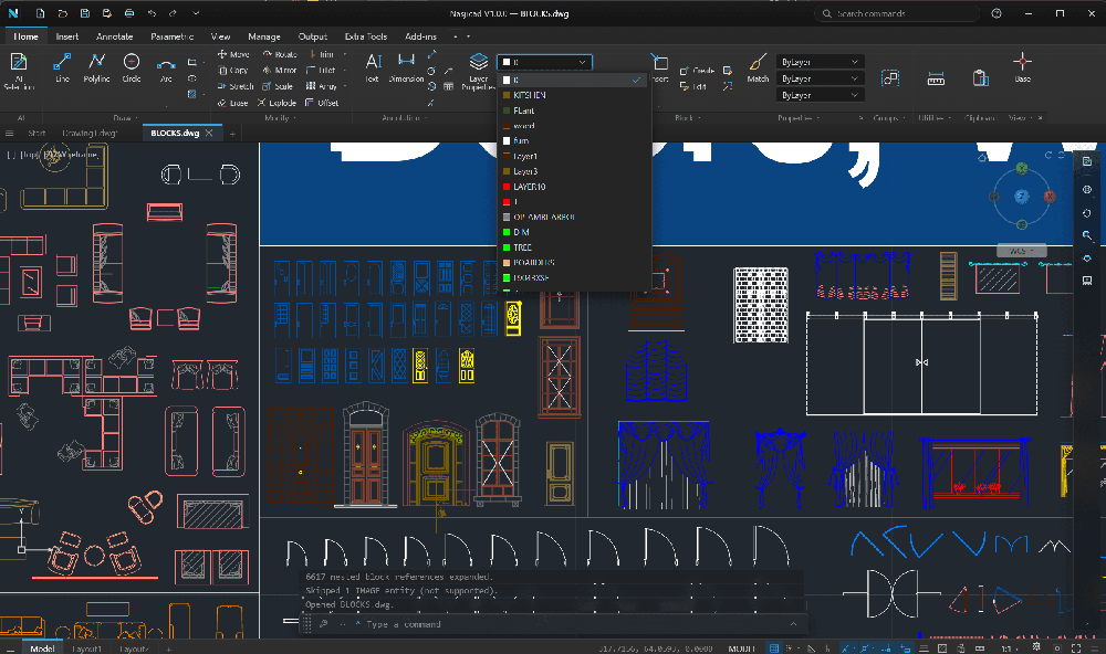 Nasjicad CAD workspace displaying a dark drawing canvas filled with colored architectural blocks and a layers dropdown menu.