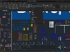 Nasjicad CAD workspace displaying a dark drawing canvas filled with colored architectural blocks and a layers dropdown menu.
