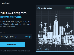 Nasjicad installer window advertising a CAD program, with an Install now button and a CAD-style city skyline preview.