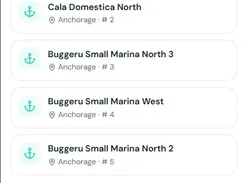 Nautilum Atlas list view showing five anchorage search results, including Cala Domestica South and Buggeru Small Marina locations.