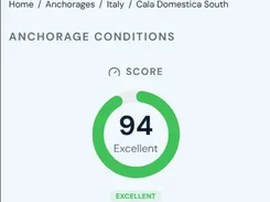 Nautilum anchorage detail screen for Cala Domestica South with a score of 94, wind, sea-state, and safety component scores.