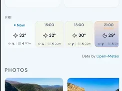 Nautilum weather and sea screen showing sky, wind, swell, UV index, hourly forecast, anchorage photos, and a location map preview.