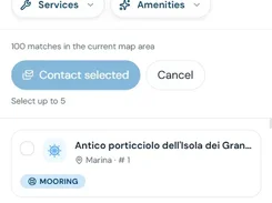 Nautilum Atlas berth search results screen with Sardegna search terms, dates, boat dimensions, service filters, and selectable marina listings.
