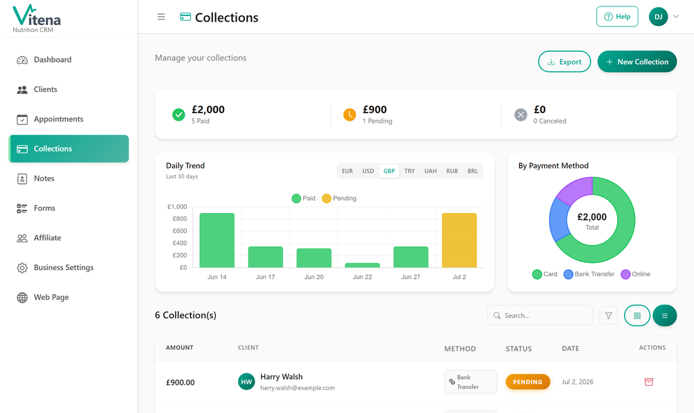 Vitena payment collection from your clients