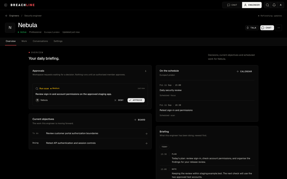 Nebula security engineer overview page showing a daily briefing, an approval to run a scan, current objectives, scheduled work, and activity notes.