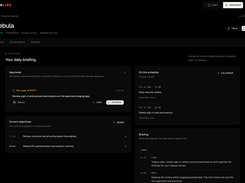 Nebula security engineer overview page showing a daily briefing, an approval to run a scan, current objectives, scheduled work, and activity notes.