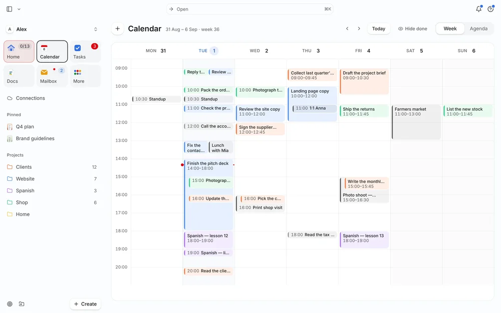 Needt desktop weekly calendar for 31 August through 6 September with colored scheduled task blocks.