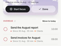 Needt mobile Today screen showing overdue tasks, a current task card, and a bottom navigation bar.
