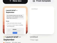 Needt mobile Docs screen with document search, recent and shared tabs, document cards, and creation buttons.