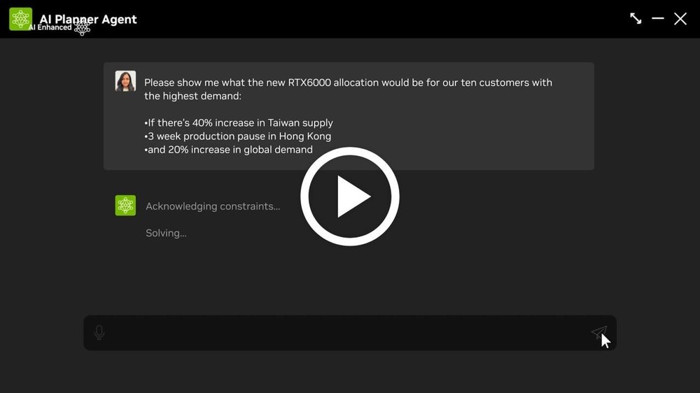 Dark AI Planner Agent chat interface showing a request about RTX6000 allocation, bullet-point constraints, and status text reading “Acknowledging constraints...” and “Solving...”.