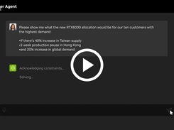 Dark AI Planner Agent chat interface showing a request about RTX6000 allocation, bullet-point constraints, and status text reading “Acknowledging constraints...” and “Solving...”.