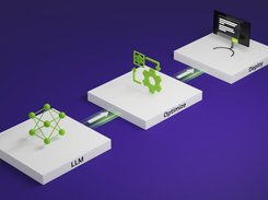 A three-stage isometric workflow labeled “LLM,” “Optimize,” and “Deploy,” connected by directional arrows.