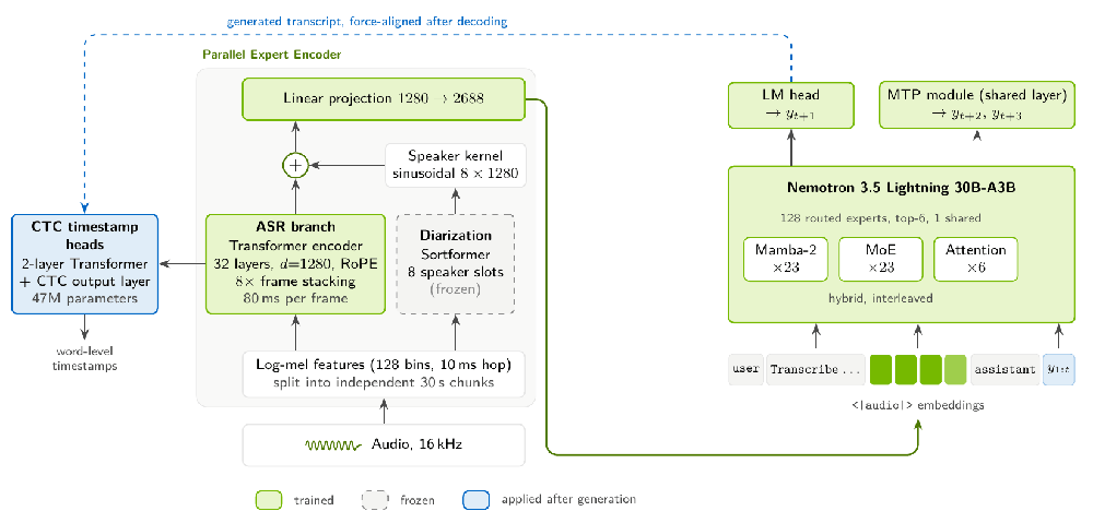 Nemotron 3.5 Transcribe architecture showing audio features, ASR and diarization branches, timestamp head, and language model modules.