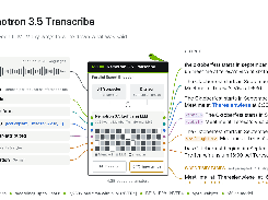 Nemotron 3.5 Transcribe workflow showing audio input, transcription modes, speaker attribution, translation, and timestamped output.
