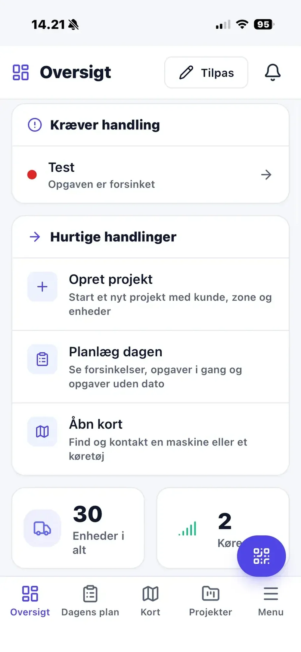 Mobile Nemtrack overview screen with an overdue task alert, quick actions for creating projects and planning work, and fleet count cards.
