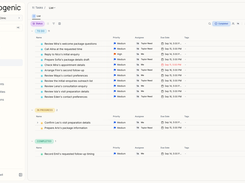 Neogenic task list grouped by status, priority, assignee, and due date.