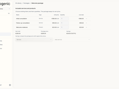 Neogenic welcome package editor with included services and savings.