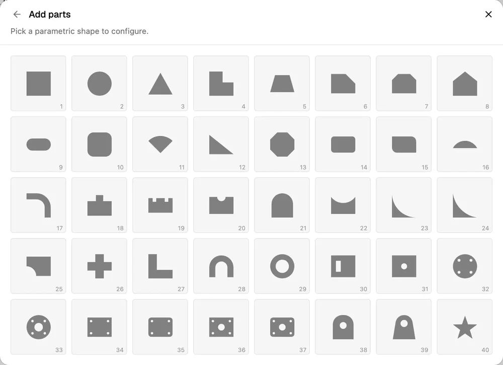 NestMaxx Add parts dialog with a grid of 40 parametric shape options.